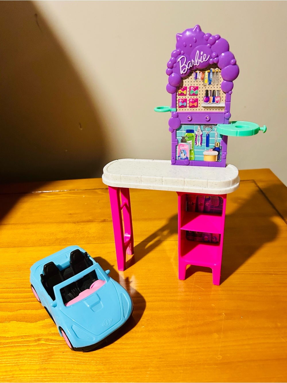 Barbie Pink & Purple Beauty Desk with Blue Convertible Car